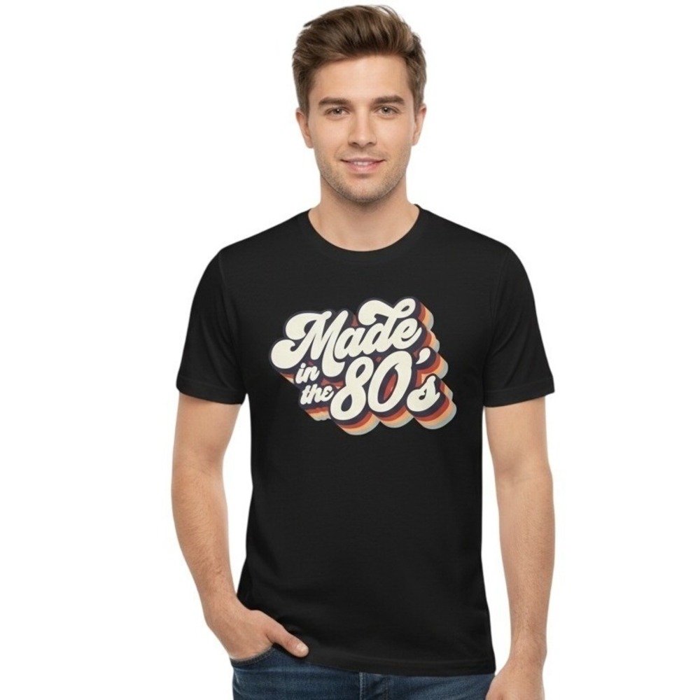 Black Graphic T-Shirt Mens Made In The 80s Short Sleeve Crew Neck Retro‎ Tee M